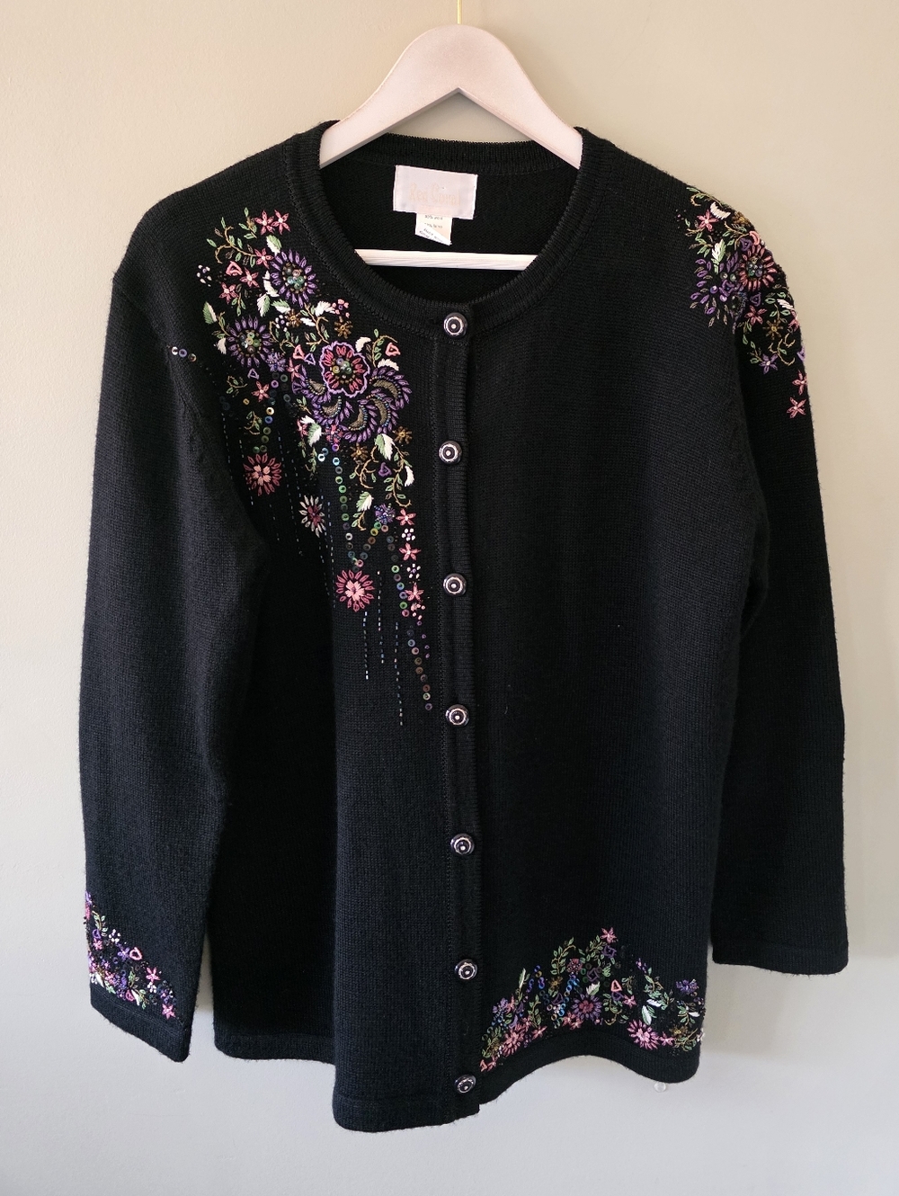Red Coral L Vintage 90s Artisan Grandmacore Cottagecore Embroidered Cardigan
